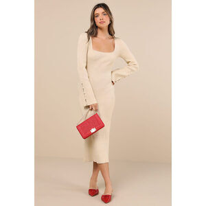 Lulus Classy Attitude Beige Ribbed Square Neck Midi Sweater Dress - Size XS